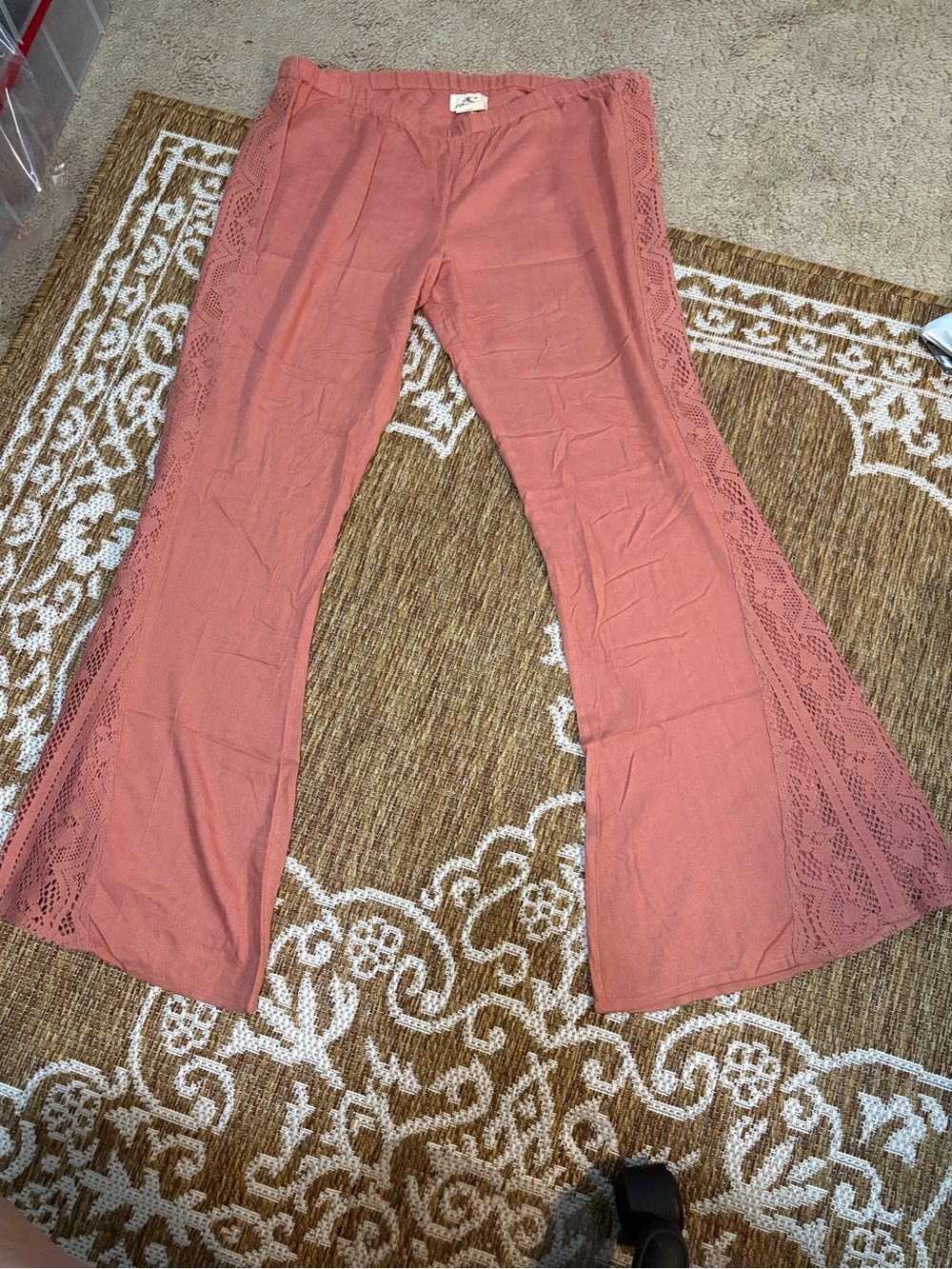 O"Neill Coral Pink Palazzo Boho Bell Bottom Lace Side Panel Pants Beach tag M 36